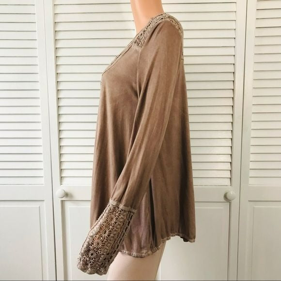 POL Brown Lace Detail Long Sleeve Top Size M