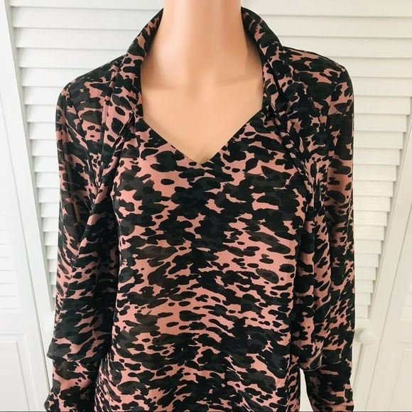 CABI Black Pink Animal Print Long Sleeve Blouse Size S