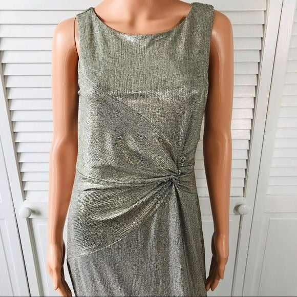 CALVIN KLEIN Metallic Gold Long Evening Dress With Ruched Knot Size 8