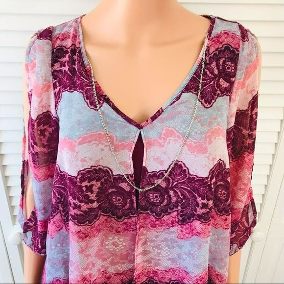 *NEW* A. BYER Maroon V-Neck Print Crepe Blouse Size S