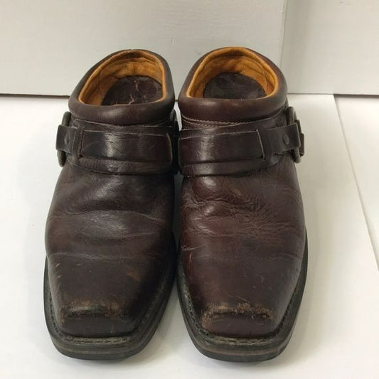 FRYE Brown Distressed Belted Harness Leather Mules Size 7.5M