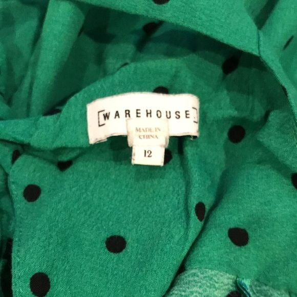 WAREHOUSE Green Black Polka Dot Square Neckline Dress Size 12