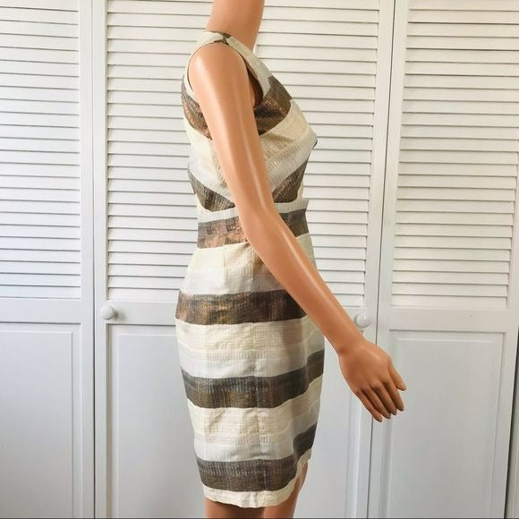 WALTER Ivory Sleeveless Striped Metallic Cocktail Dress Size 4