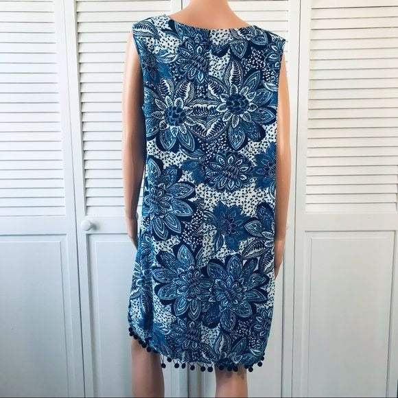 LONDON TIMES Blue White Floral Sleeveless V-Neck Dress Size 16