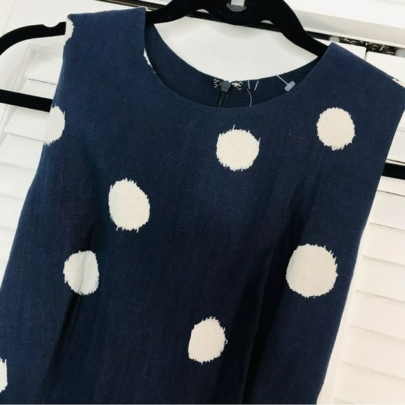 SOODEE Navy Linen Polka Dots Waist Wrap Around Dress Size M