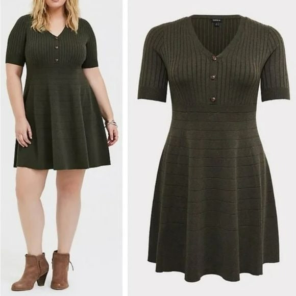 TORRID Olive Green Ribbed Sweater Knit Skater Dress Size 28