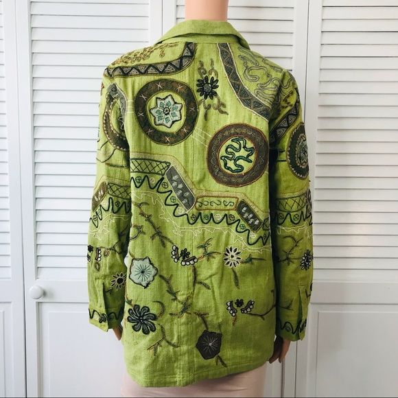 CHICO’S DESIGN Green Vintage Embroidered Silk Jacket Size L