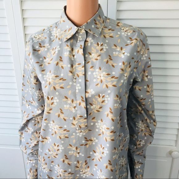 Lands' End Light Blue Cotton 1/4 Button Front V-Neck Leaf Pattern Shirt Size 4