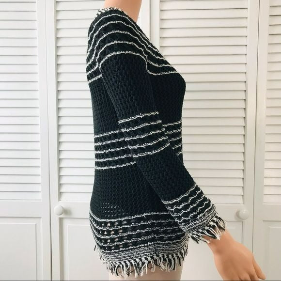 ANN TAYLOR Black White Knit Fringe Full Zip Sweater