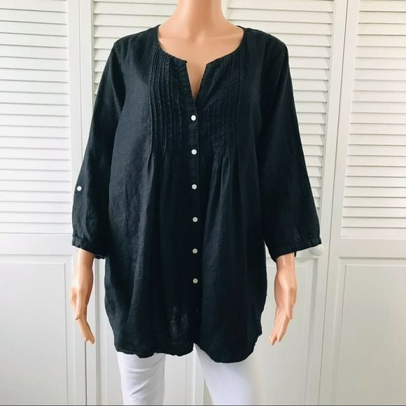 M&S COLLECTION Black Linen Button Down V-Neck Shirt Size 20