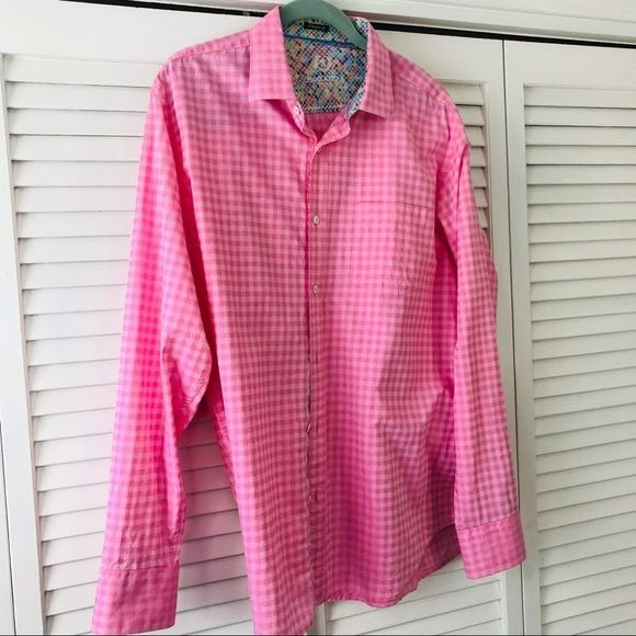 BUGATCHI Pink Classic Fit Cotton Gingham Button Down Shirt Size L