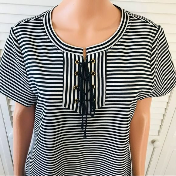 CABI Navy Blue White Striped Short Sleeve Captain’s Shift Dress Size L