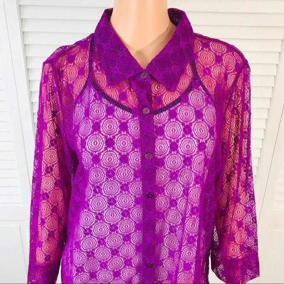 CHOICES Purple Sheer Button Down Blouse Size XL