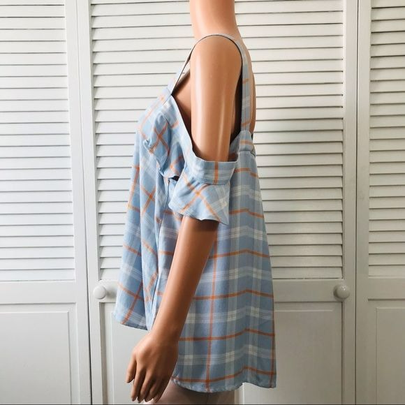 SANCTUARY Blue Orange Plaid Off The Shoulder Shirt Size L