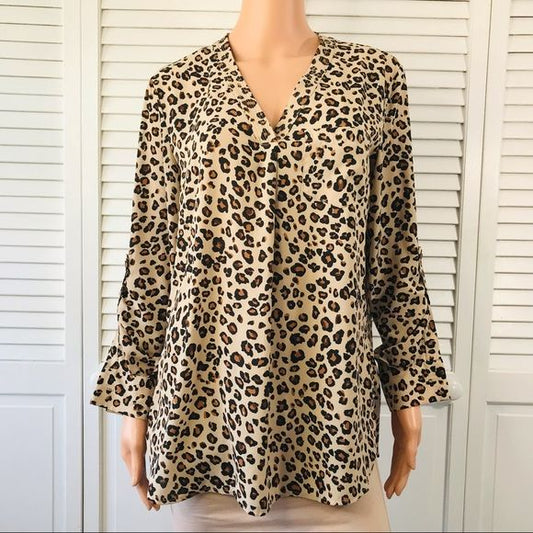 LORD & TAYLOR Tan Cheetah Print V-Neck Blouse Size S