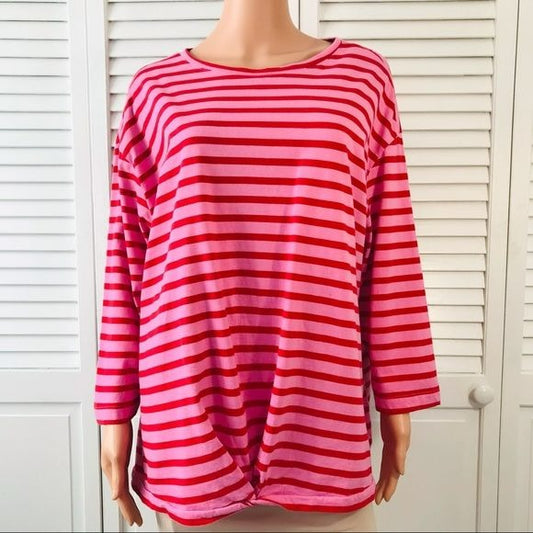 ELLOS Pink Red Striped Cotton Shirt