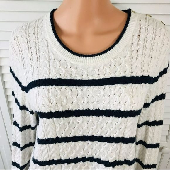 DRAPER JAMES White Navy Blue Sailor Nautical Cable Knit Sweater Size L