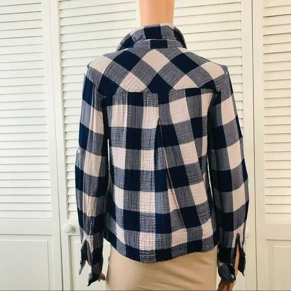 BELLA DAHL Blue White Plaid V-Neck Button Down Shirt Size M