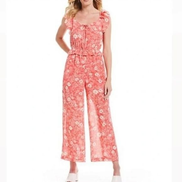 A LOVES A Coral White Floral Ruffle Sleeveless Wide Leg Jumpsuit Size L (new with tags)