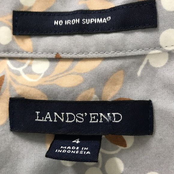 Lands' End Light Blue Cotton 1/4 Button Front V-Neck Leaf Pattern Shirt Size 4