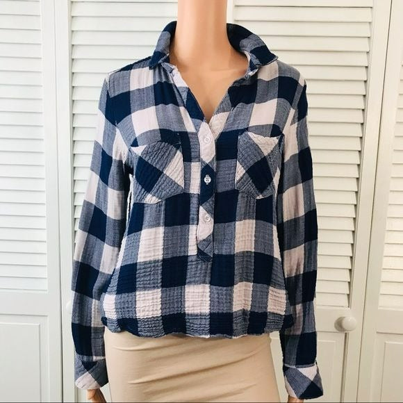 BELLA DAHL Blue White Plaid V-Neck Button Down Shirt Size M