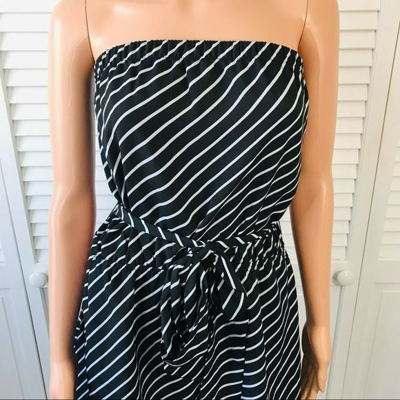 EXPRESS Black White Striped Strapless Belted Dress Size L