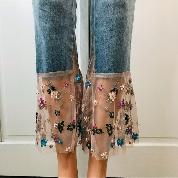 PILCRO AND THE LETTERPRESS BY Anthropologie Blue Tulle Trim Flared Jeans Size 28