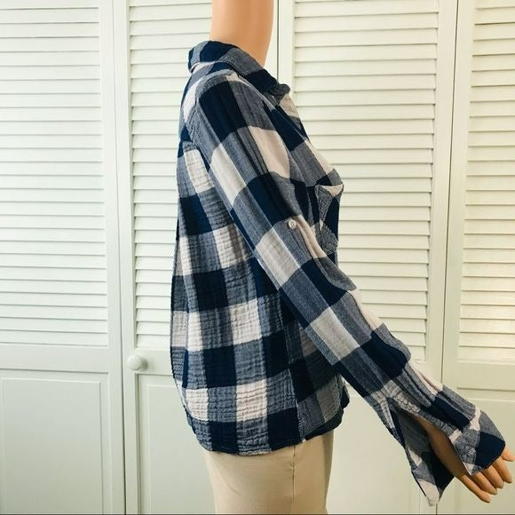 BELLA DAHL Blue White Plaid V-Neck Button Down Shirt Size M