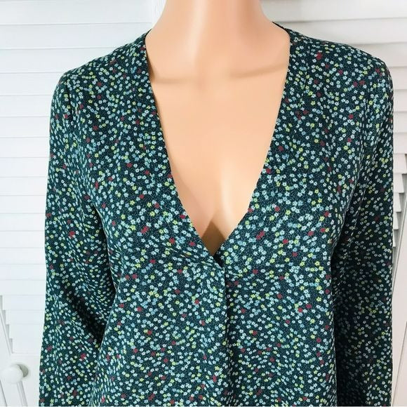 JOIE Floral Green V-Neck Lightweight Blouse Size XS