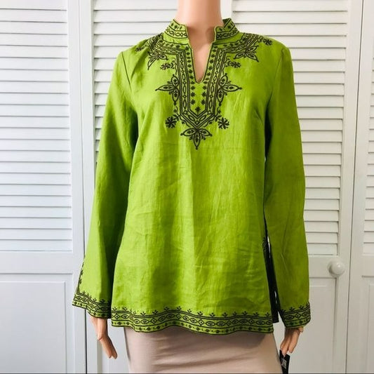CAROLE LITTLE Green Embroidered V-Neck Tunic Size M (new with tags)