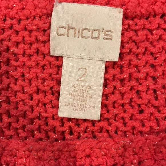 CHICO’S Coral Ivory Striped Sparkly Scoop Neck Sweater Size L