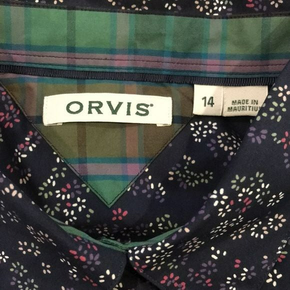 ORVIS Navy Blue Cotton Floral Button Down Shirt Size 14