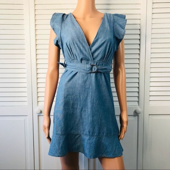 TOPSHOP Blue Flute Belt Chambray Cotton Flutter Sleeve Mini Dress Size 2