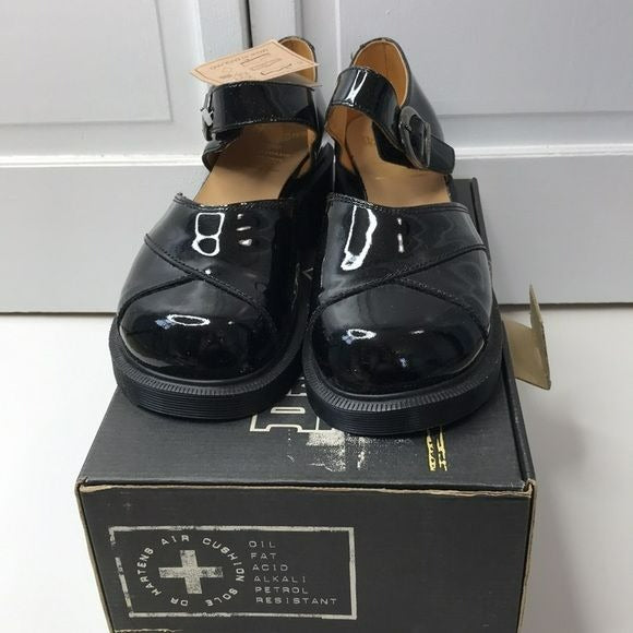 DR MARTENS Black Platform Patent Overlaid Vamp Black Jazz Dull Sandals Size 8 (new in box)