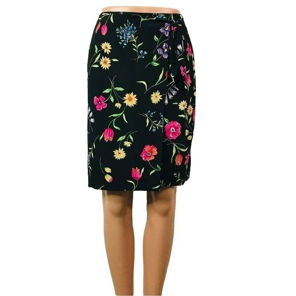 TALBOTS Petites Silk Black Floral Wrap Skirt Size 4P