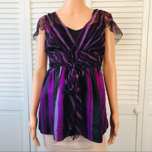 DKNYC Purple Black Silk Short Chelsea Sleeve Blouse Size 10 (new with tags)