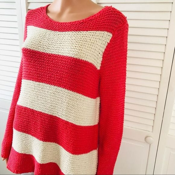 CHICO’S Coral Ivory Striped Sparkly Scoop Neck Sweater Size L