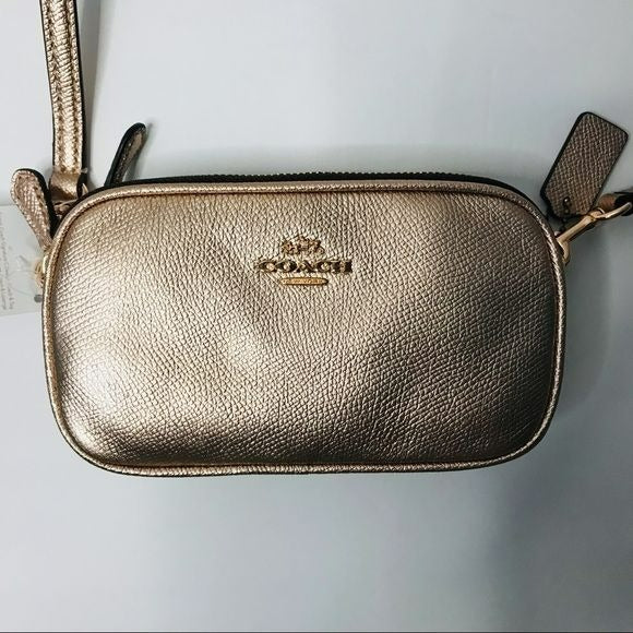COACH Platinum Gold Sadie Pebble Leather Cross Body Bag