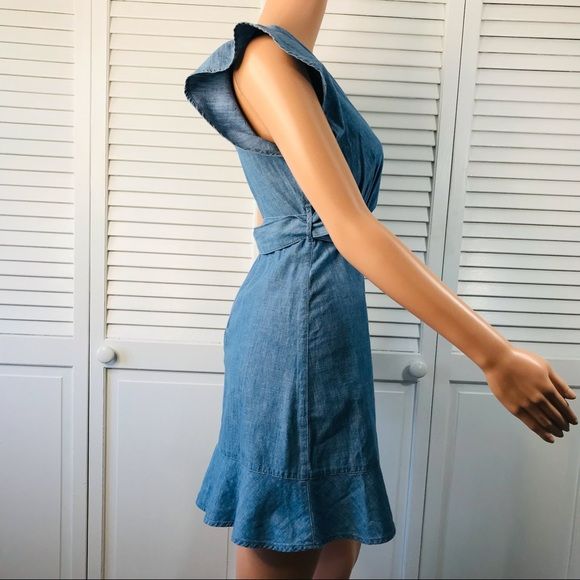 TOPSHOP Blue Flute Belt Chambray Cotton Flutter Sleeve Mini Dress Size 2