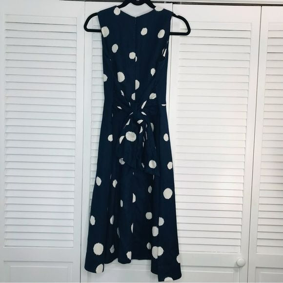 SOODEE Navy Linen Polka Dots Waist Wrap Around Dress Size M