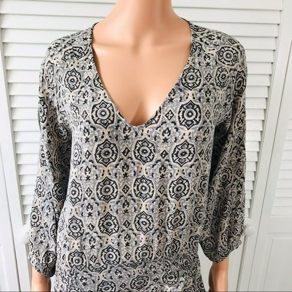 TOLANI Geometric Print V-Neck Silk Long Sleeve Mini Dress Size S