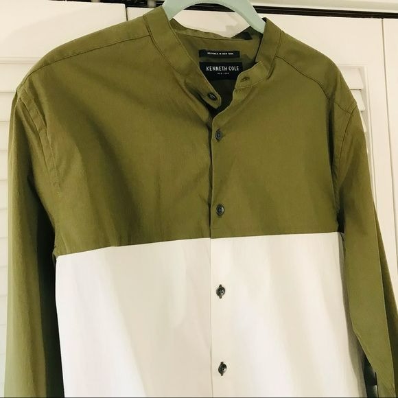 KENNETH COLE Green White Color Block Stretch Button Down Shirt Size M (new with tags)