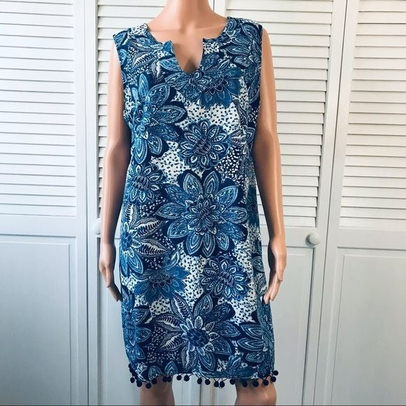 LONDON TIMES Blue White Floral Sleeveless V-Neck Dress Size 16