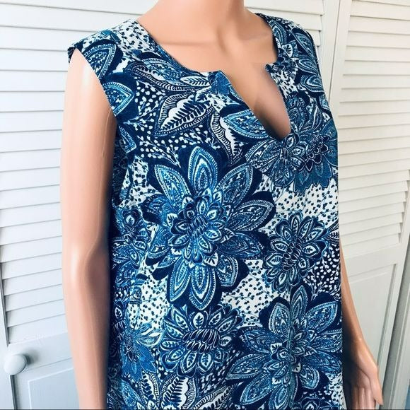 LONDON TIMES Blue White Floral Sleeveless V-Neck Dress Size 16