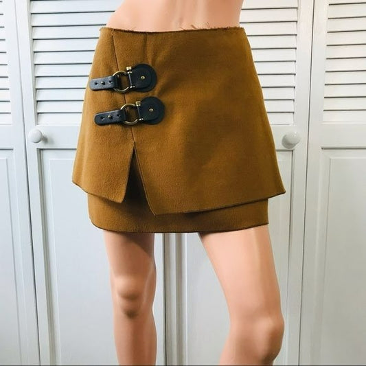 ANTHROPOLOGIE Meadow Rue Brown Buckled Felt Layered Skirt Size 4