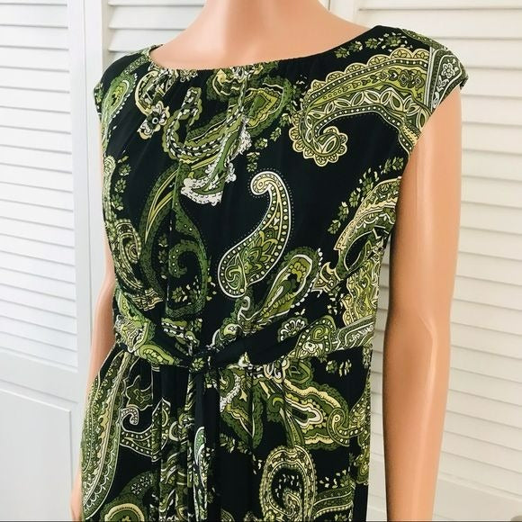 EVAN PICONE Black Green Paisley Sleeveless Dress Size 8