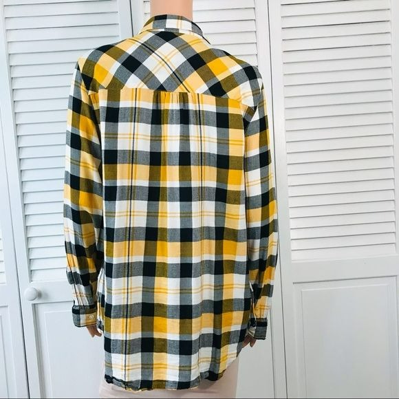 RELATIVITY Yellow Black Plaid Button Down Shirt Size XL