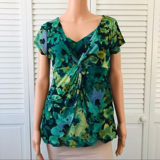 AXCESS Green Floral V-Neck Short Sleeve Blouse Size M