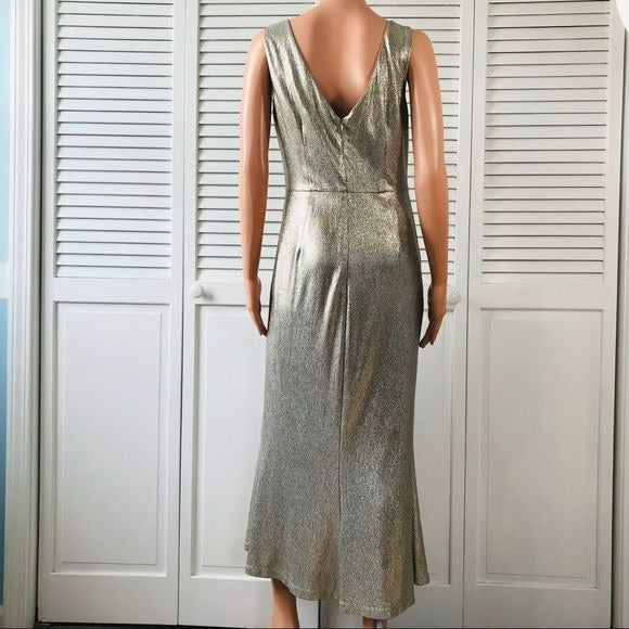 CALVIN KLEIN Metallic Gold Long Evening Dress With Ruched Knot Size 8