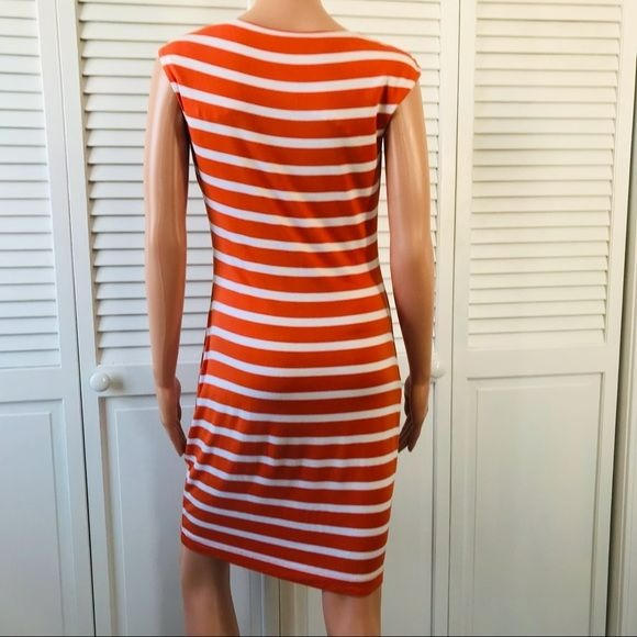 CALVIN KLEIN Orange White Striped Sleeveless Dress